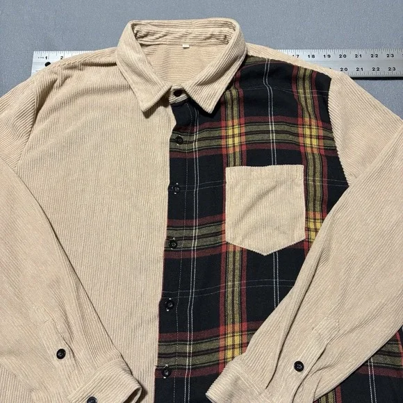 Mens Corduroy Shirt XXL Khaki Long Sleeve Button Up Flannel Plaid Shacket - Picture 3 of 14